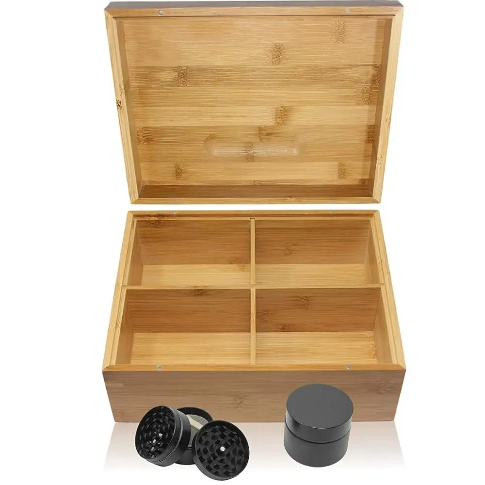 Bamboo Stash Box with 4 Part Herb Grinder and Glass Jar