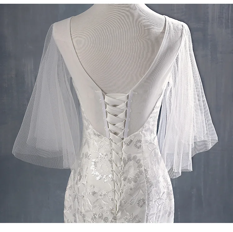 2019 Real Photo Short Batwing Sleeve Mermaid Gown sweep train lace up back Fish Tail wedding dress