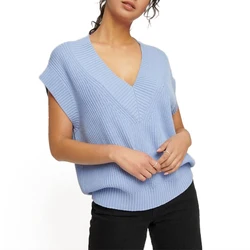 Wholesale 2023 Custom Logo Knit Oversized  Women Sweater Deep V Neck Sleeveless Plus Size Rib Vest 100% Cotton Knitwear Ladies