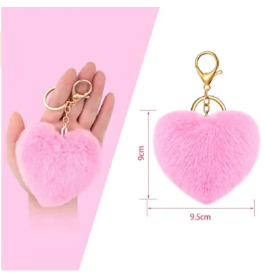 Heart Shaped Pompoms keychain Keyring  bulk Fluffy Car Bag Charm for Valentine Day Decoration