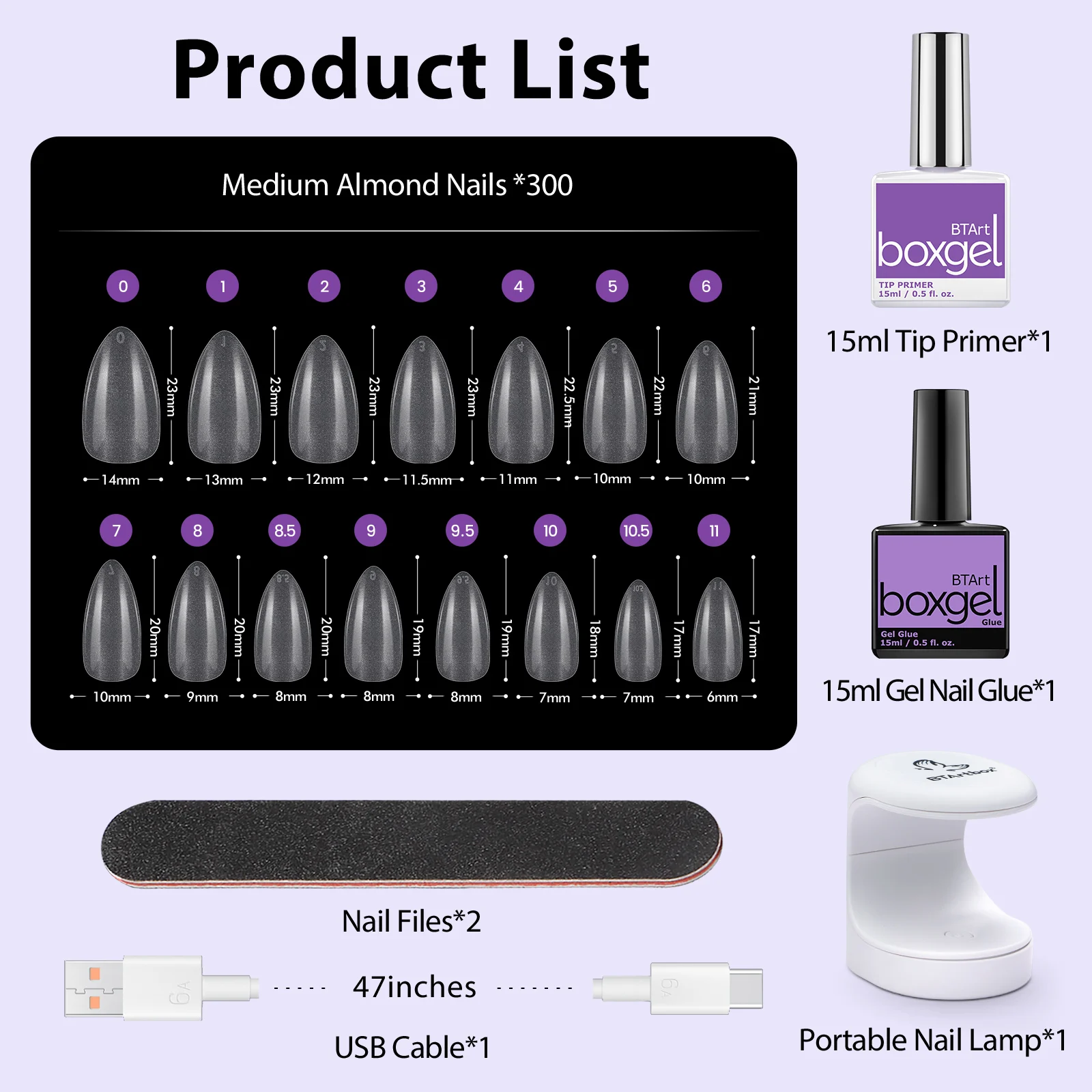 BTartbox UV Lamp Gel Glue Nails Tips Kit Acrylic XL NO C Curve Almond Nail Tips Fake Nails With Glue