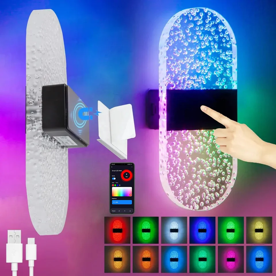Magnetic wireless RGB wall light intelligent APP control 3W USB rechargeable switch touch 12 color dimmable wall light