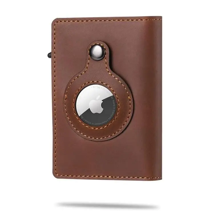 New side pushing pop up Airtag Wallet Real Leather Air Tag Card holder Wallet Anti-Theft Men case Wallet