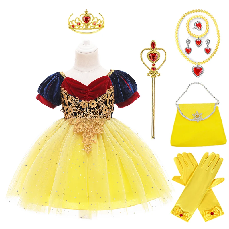 Girl Snow White Tulle Puffy Dress Crown Magic Wand Bag Glove Necklace Bracelet Ring Earring Set Princess Party Cosplay Costume