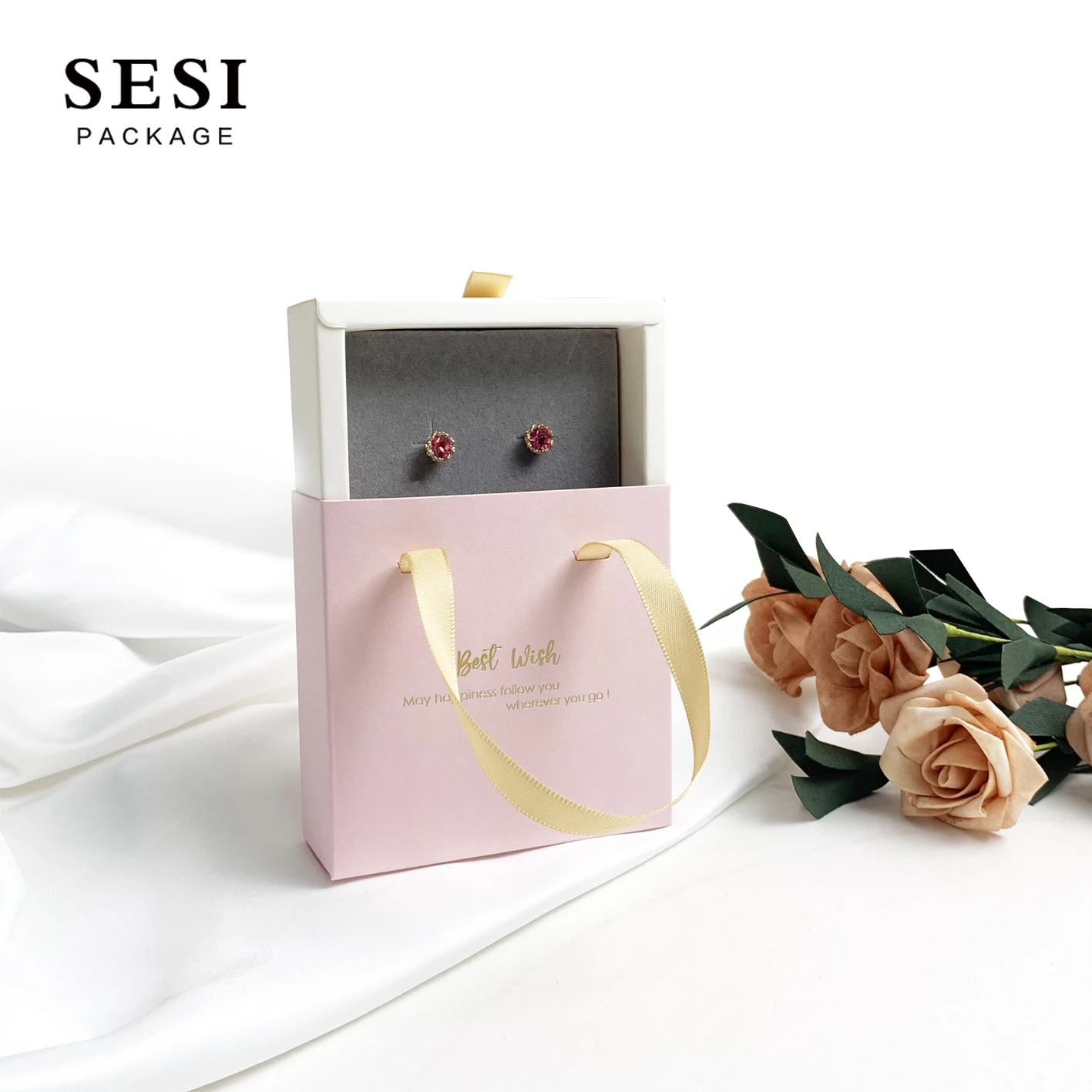 Custom Logo Pink Slide Carton Jewelry Box Packing Drawer Slide Satin Jewellery Box With Handle Ribbon