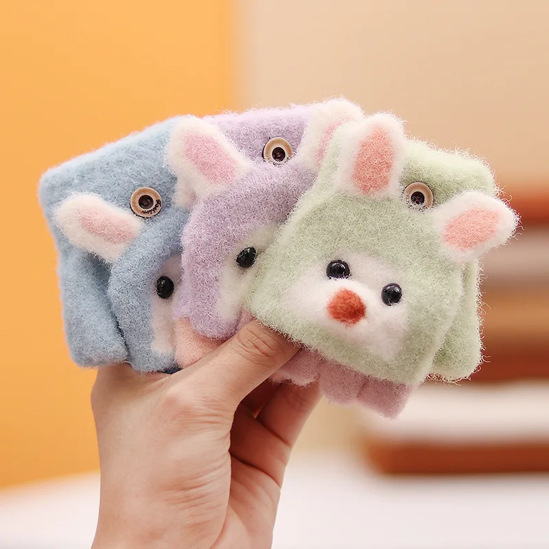 Cute Kids Clamshell Winter Gloves Lovely Cartoon Half Finger Knitting Warm Mittens