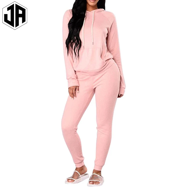 
Ladies Custom Plain Workout Wear Tracksuit Set Women Blank Front Pocket Hoodies Drawstring Adjustable Sweat Pants Suit 