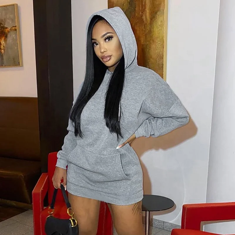 Fall New Products Gray Hoods Dress Sweater Hooded Drawstring Casual Loose Women Short Dress With Hoody