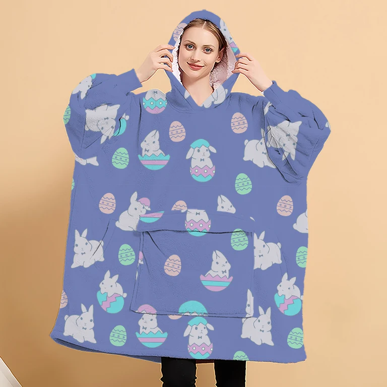 Customized Easter Rabbit Pattern Design Sherpa Cozy Soft Warm Oversized Hoody Wearable Pullover Hoodie Blanket With Hoods