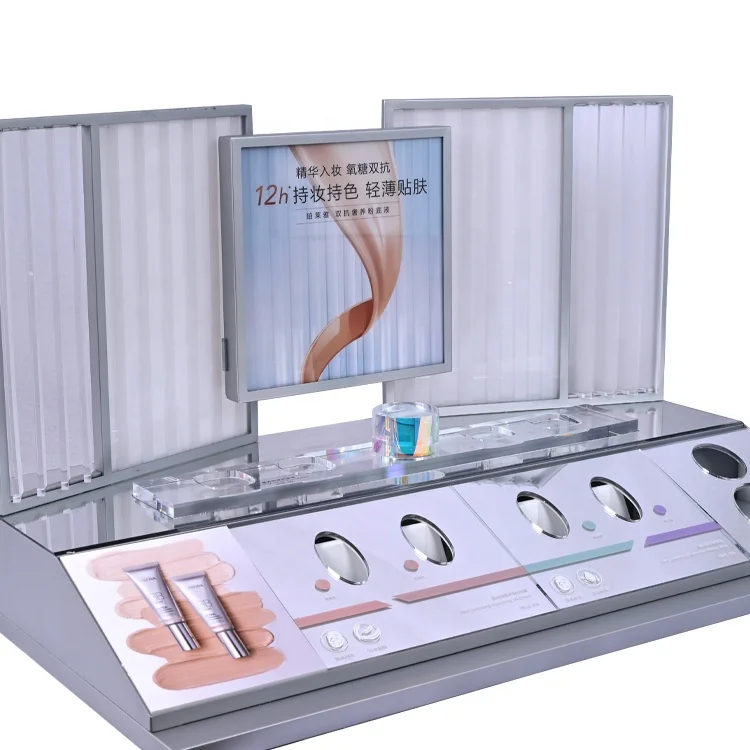 APEX Custom Design Cosmetics Display Stand Counter Top Luxury Mirror Silver Acrylic Make-up Display Rack with Led Light