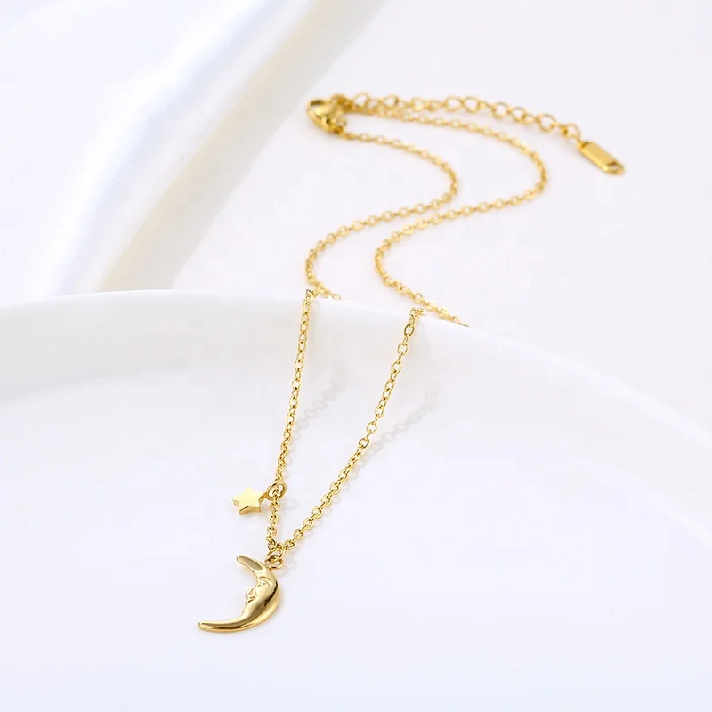 18K Gold Plated Stainless Steel Jewelry Moon And Star Pendant Necklace for Women