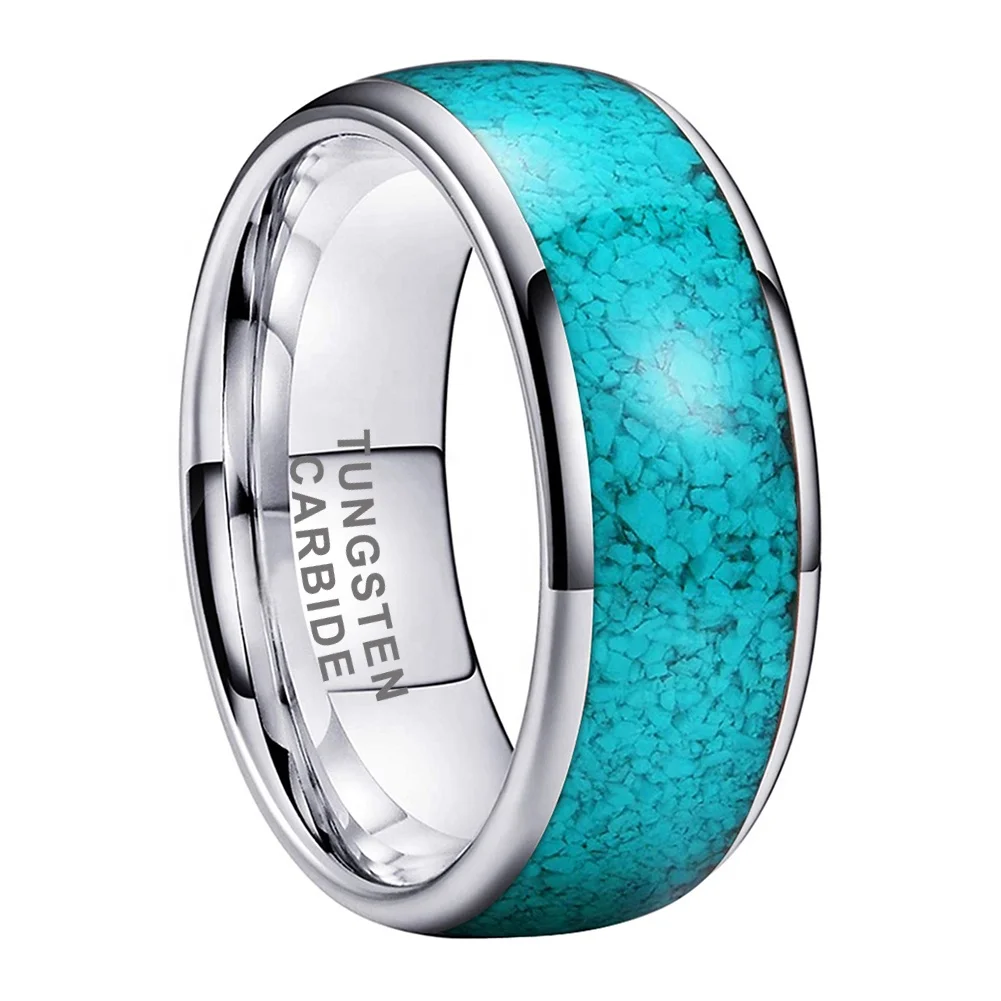 Coolstyle Jewelry Wholesale 8mm Tungsten Ring for Men Women Crushed Turquoise Inlay Fashion Jewelry Engagement Wedding Band