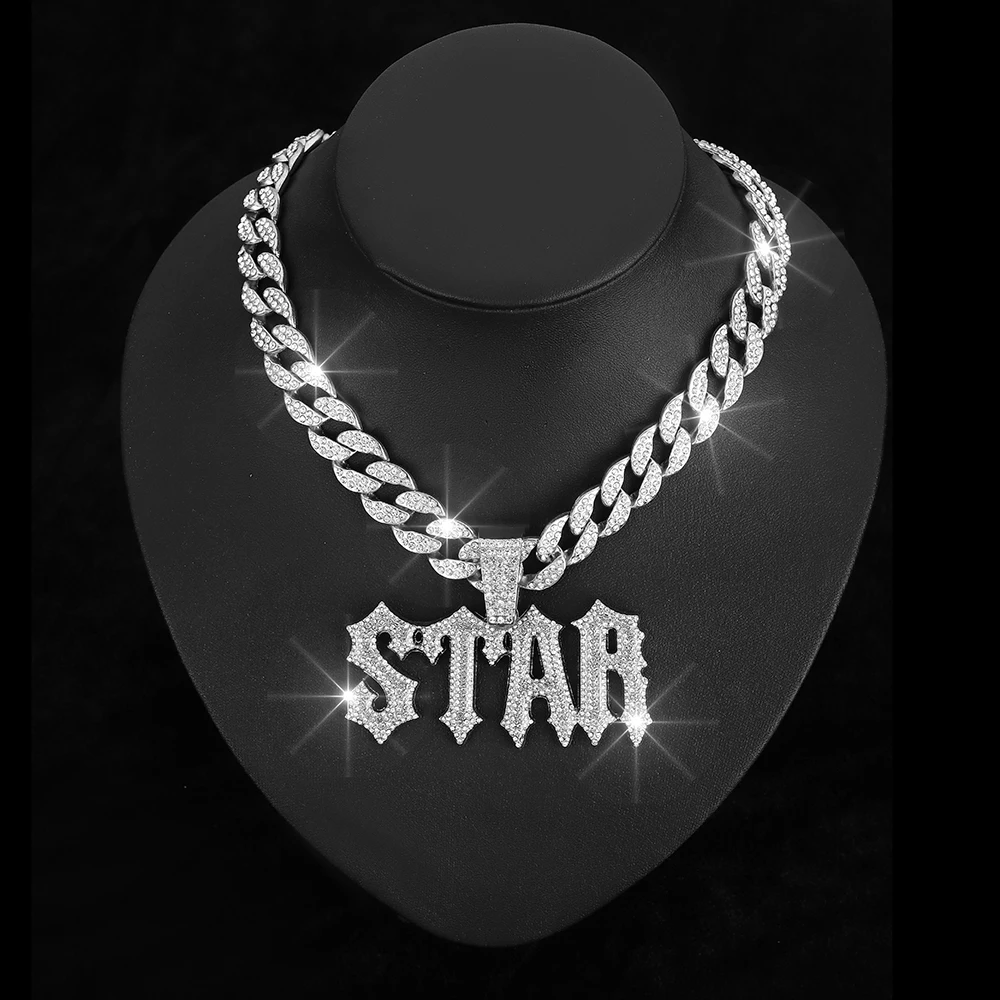 Mens Cuban Link Chain STAR Letter Pendant Necklace Silver Gold Plated Bling Iced Out Chain