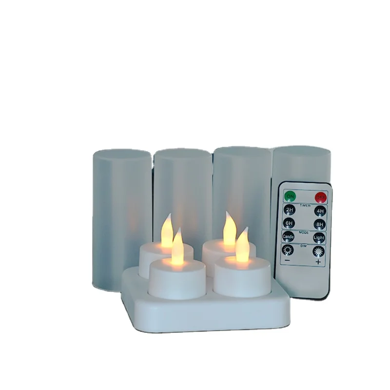 Timer Remote Control Set Of 4 Fickering Flameless  Rechargeable Tea Lights Led Candle Light