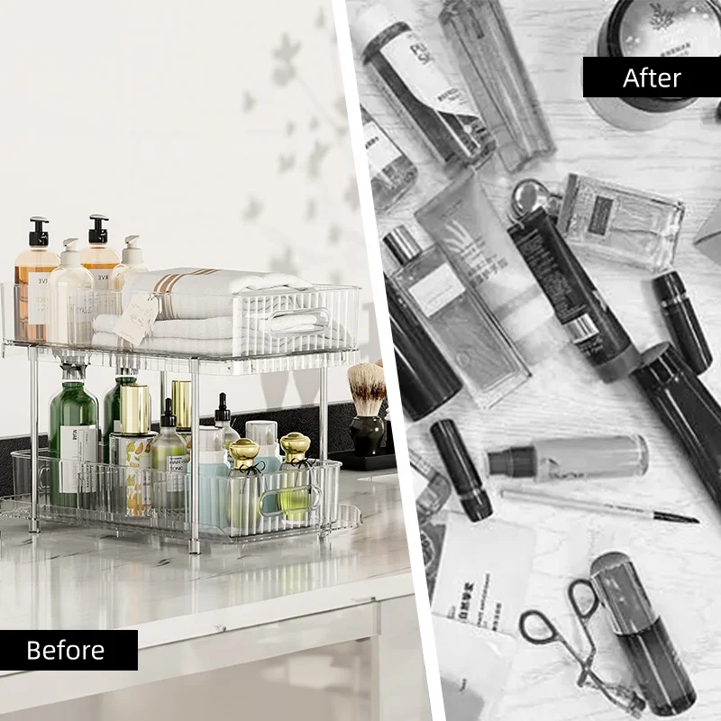 Home stainless steel white PET transparent shelf kitchen bathroom racks cabinets pull-out under sink organizers storage