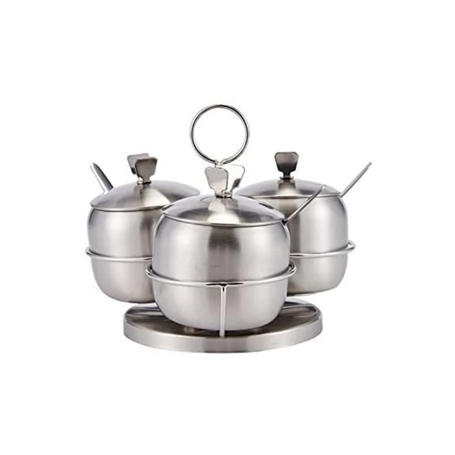 Spice Jar Condiment Pots Set SUS304 Stainless Steel Seasoning Container with Spoon Holder Rack and Lid