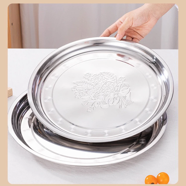 Wholesale price SS410 stainless steel Arab flower plate round pattern dinner food fruit plate serving tray