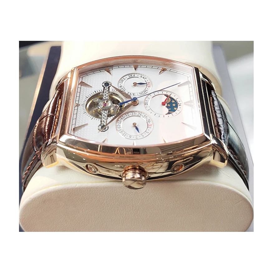 Brown cow leather strap complete calendar barrel shape men mechanical automatic watch