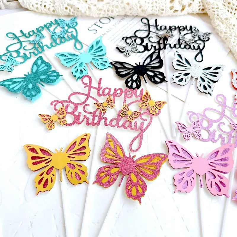 INS Style Paper Double Layer Glitter Butterfly Birthday Happy Cake Decoration Party Dessert Table Decoration Cake Topper