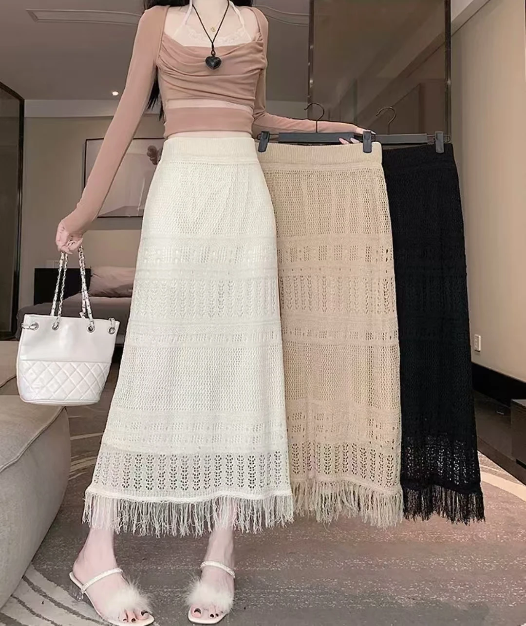 Women 2024 Autumn New Chic Fashion Fringe knitting Skirt Hollow Wool A-line Skirt Long Skirt