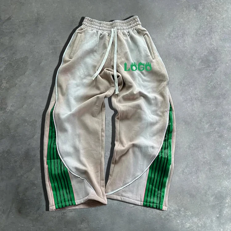 Custom Logo Arrival Streetwear Acid Wash Sports Pants Custom Piping Design Men Oversized Baggy Wide Leg Cotton Track Pants