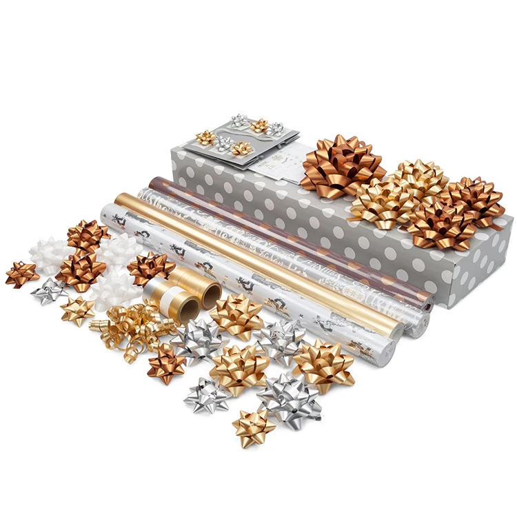 
Vietnam free sample Luxury Gold Glitter Gift Wrapping Paper Set with PP Bows 