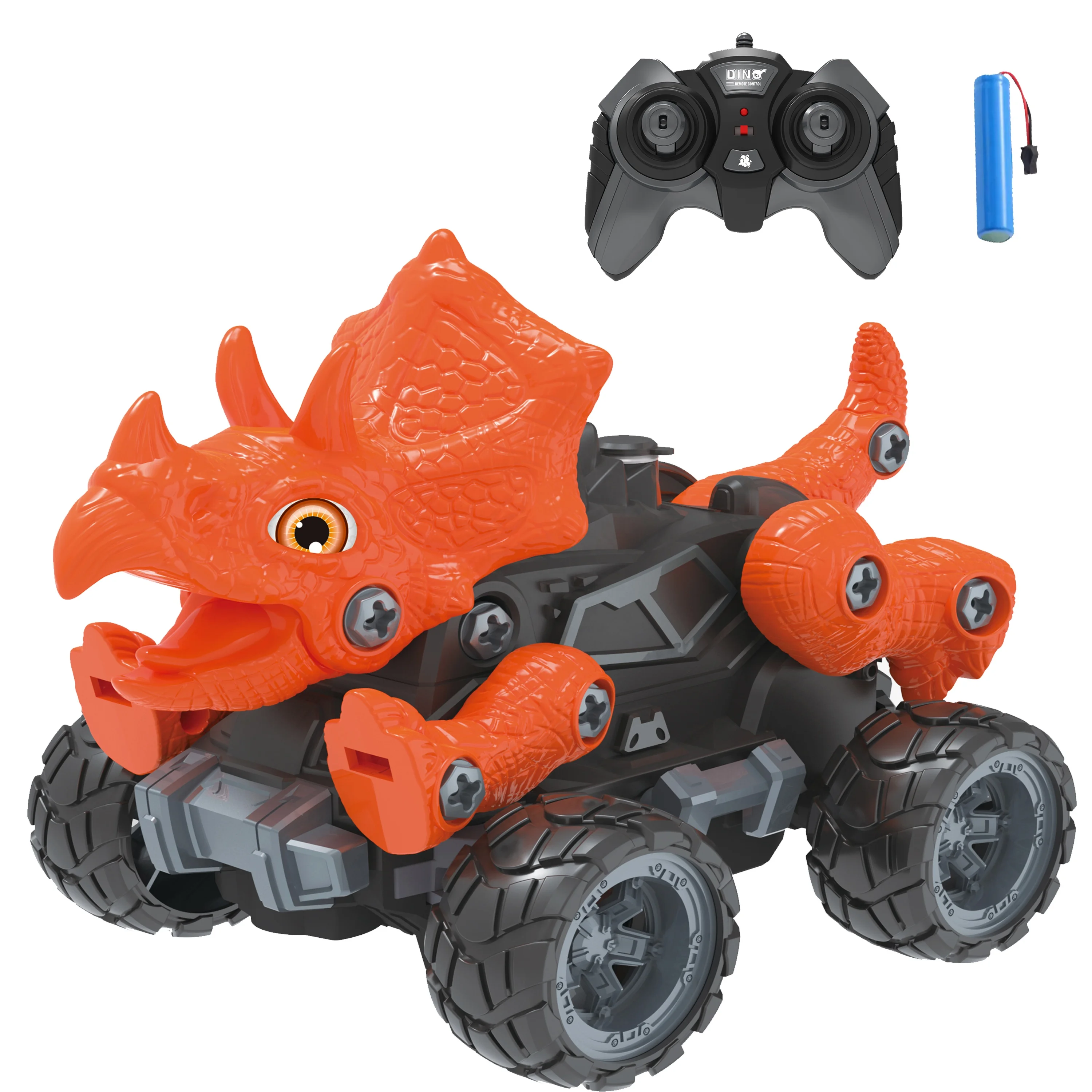 KK 2.4G DIY Dinosaur Monster Truck Toy Car with Light Mist Spray,Rechargeable Assemble Remote Control Dinosaur Car,Education Toy