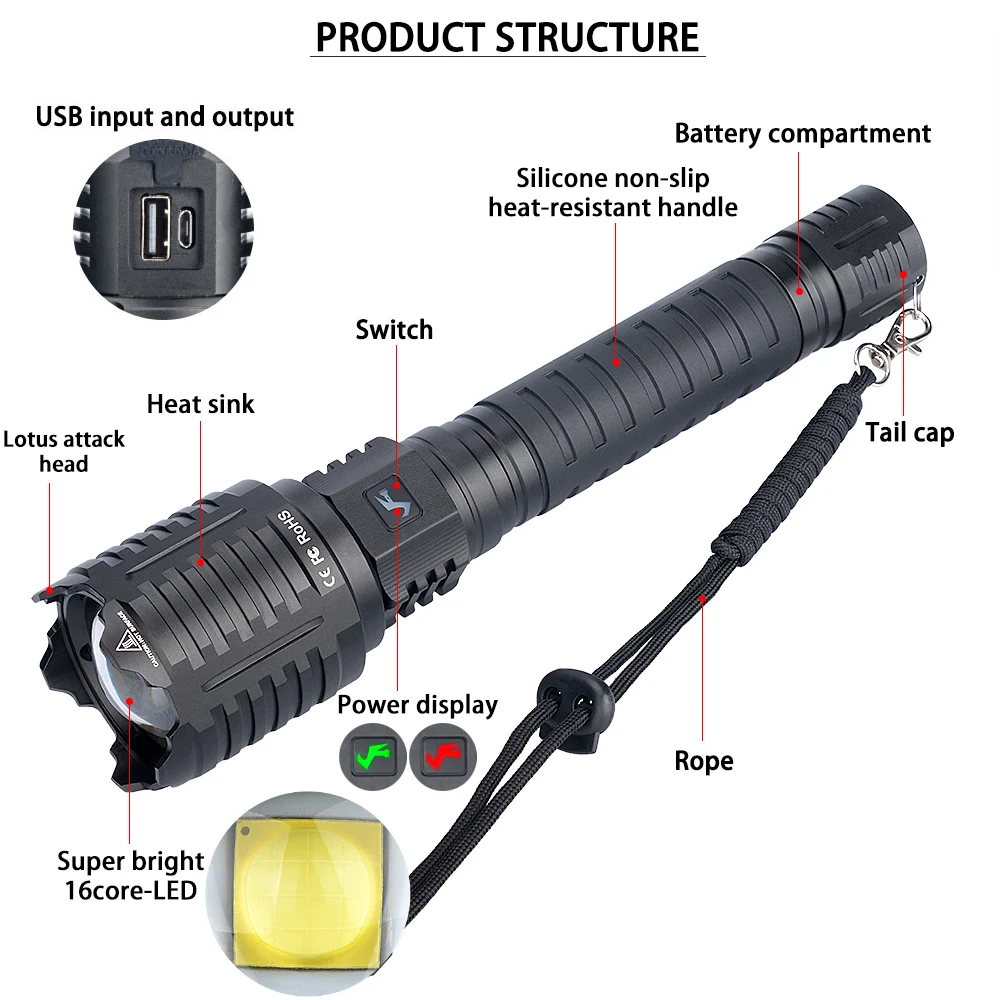 LED Ultra Long Range Flash Light 6800 Lumens Flashlight Most Powerful Flashlight
