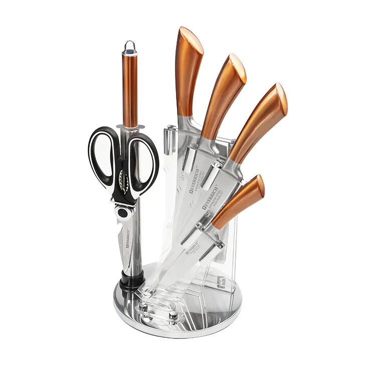 8pcs Golden Knife Handle Stainless Steel Colorful Kitchen Knife Set With Acrylic Stand