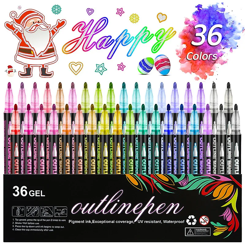 12 24 36 Colors Christmas gift card Outline water based eco-friendly Marker Set Drawing Writing glitter Double Line Marker Pen