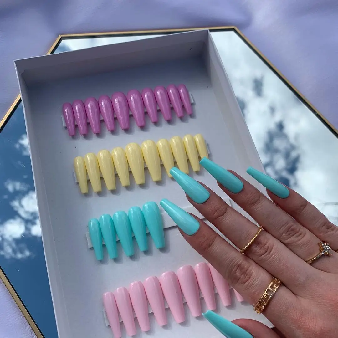 Лидер продаж на Amazon, клей для ногтей в коробке, розовый, черный, французский, роскошный дизайн, гроб, длинный 3d кристалл, пресс для ногтей для женщин