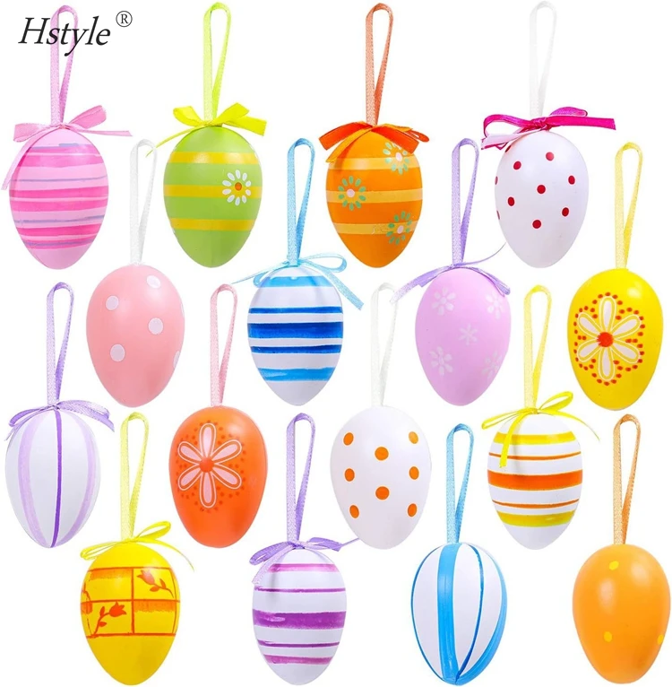 12pcs/pack New Colorful Egg Hanging Ornaments Easter Decoration Plastic Decorative Hand Painted Eggs Crafts Ornaments SD1687