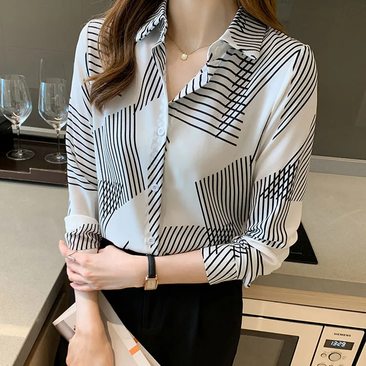 Korea Women Top Fashionable Stripe Print Long Sleeve Satin Blouse&Shirts Ladies