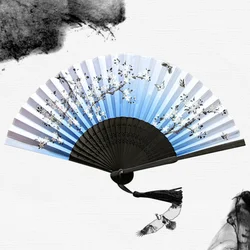 Bamboo Ribs Fabric Portable Folding Oriental Hand Fans with Tassel for Dance Performance Decoration Wedding Party Favor