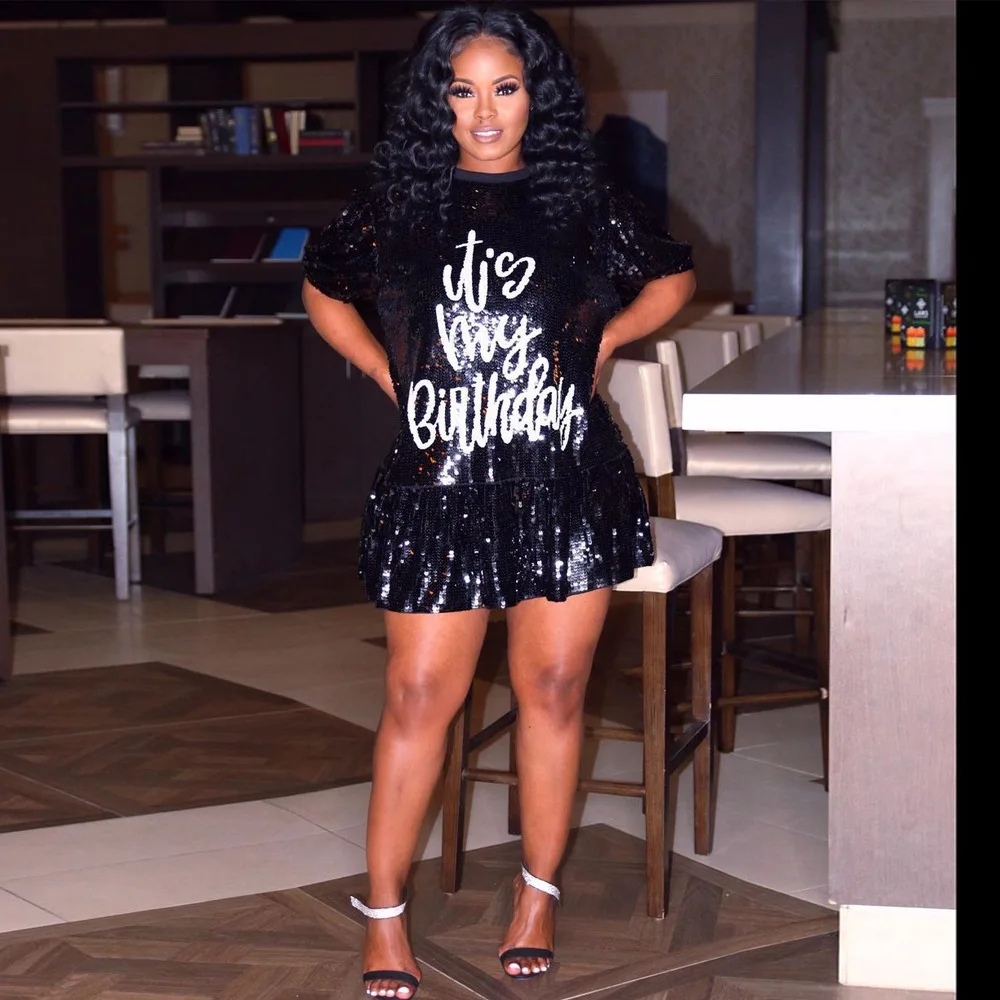 T Shirt Dress Sparkle Sequin Glitter Letter Print Party Birthday Outfits Women Ruffles Mini Dress Night Club Dress