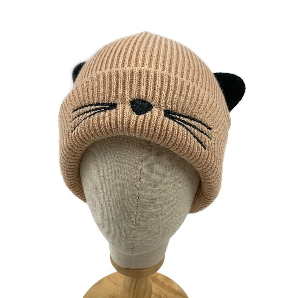 Factory baby winter knitted cat design embroidery funny beanie custom hat warm for baby