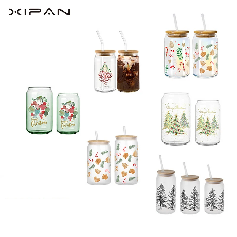 DIY 16oz Cups Blank Sublimation Tumblers Can Shaped Beer Glass with Bamboo Lid and Straw Colored Frosted Glasses