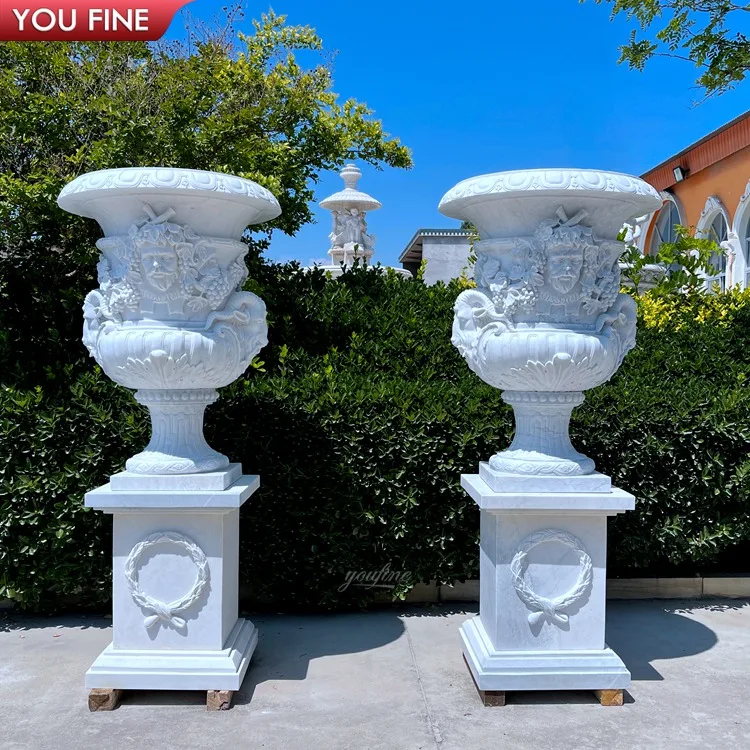 Exquisite Hand-Carved Garden Marble Flower Vase Statue Large Planter Pots Statue