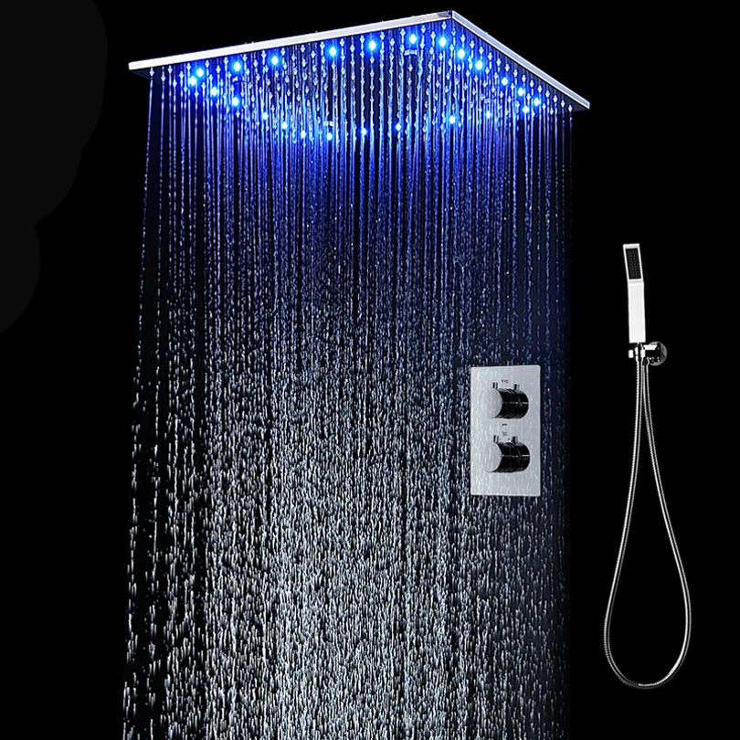 Bathroom Accessories Shower 3 Ways Thermostatic Valve Shower Set With 20 Inches 304ss Rain Mist Shower Head LED Lighting