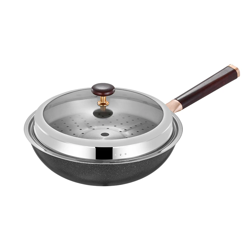 Chinese stir fly steamer wok pan 32cm heavy duty flat induction bottom black carbon steel woks with removable wooden handle