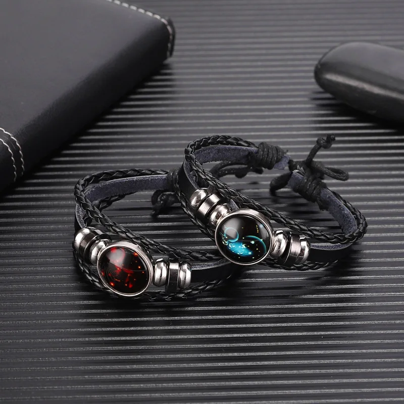V&R 12 Zodiac Luminous Constellations Bracelets beaded Handmade Charm Punk Rock Braided Men Leather Bracelets