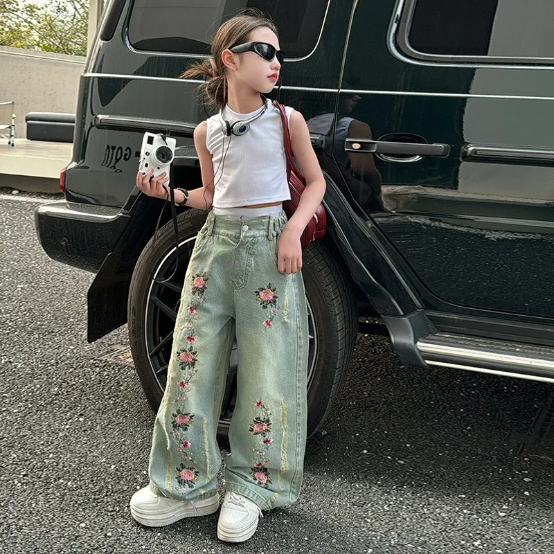 New fashion teen Girls Clothing set solid vest T-shirt + tulle lace blouse + floral embroidery jeans pants clothing set for kids
