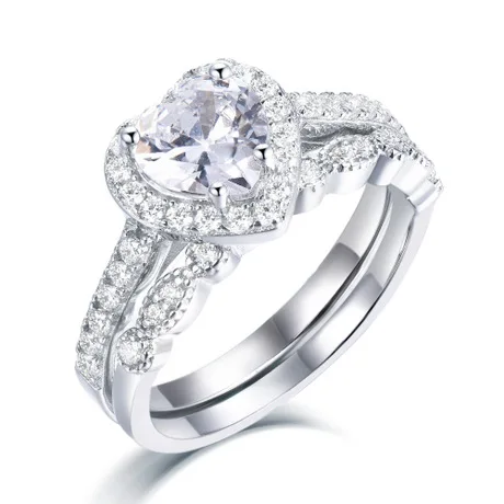 Luxury unique S925 sterling silver female heart-shaped diamond zircon ring set