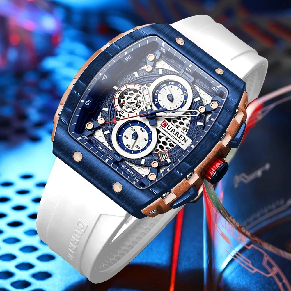 CURREN 8442 Fashion Sports Watches Dial Unique Square Hollow Design Man Quartz Wristwatches with Chronograph with Auto Date