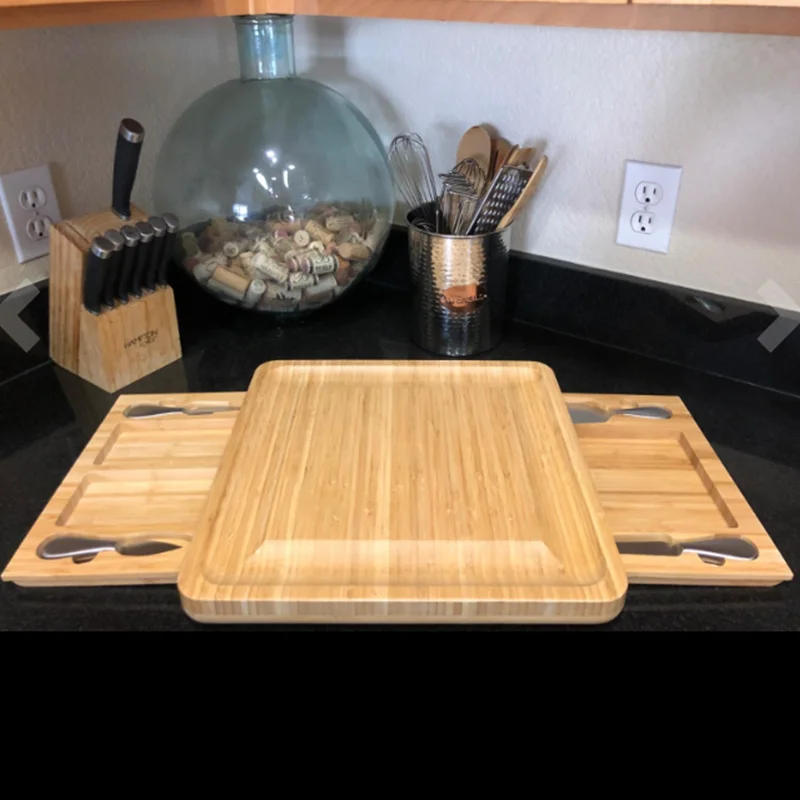 Bamboo Cheese Board and Knife Set Charcuterie Serving Platter with 2 Hidden Drawers and 4 Stainless Steel Cheese Knives