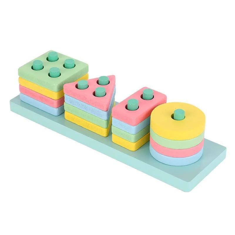 Rainbow Macaron Puzzle Geometry Shape Cognitive Wood Educational Decompression Set Children Game Building Block Wooden Toy