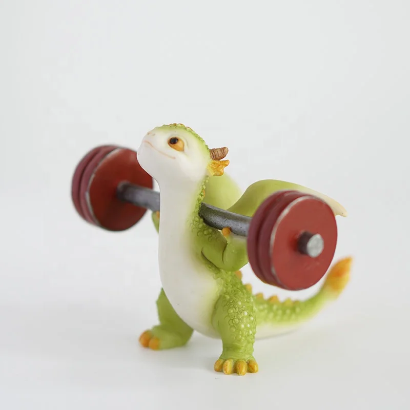 Z17183A Home Decor Cartoon Adorable Weightlifting Dinsaur Figurine Green Sport Dragon resin Statue
