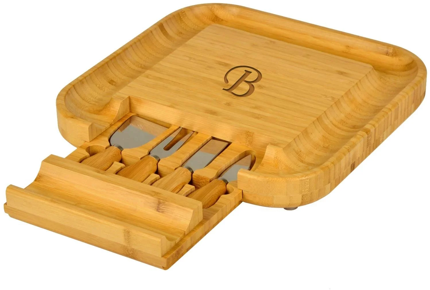 Personalized Monogrammed Engraved Bamboo Cutting Board for Cheese & Charcuterie with Knife Set & Cheese Markers