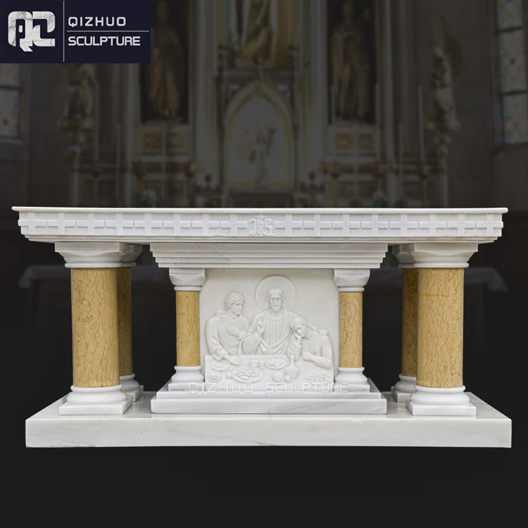 hand carved catholic religious white marble altar table &pulpit with jesus