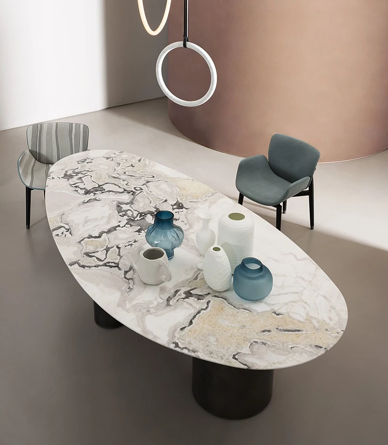 Marble Top Oval Dining Table Set Modern Dining Table Set Natural Italian Designs 2.4 M 10 Seater Dining Room Furniture
